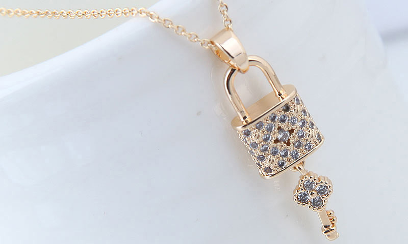 Elegant Gold Color Lock Pendant Decorated Long Necklace,Necklaces