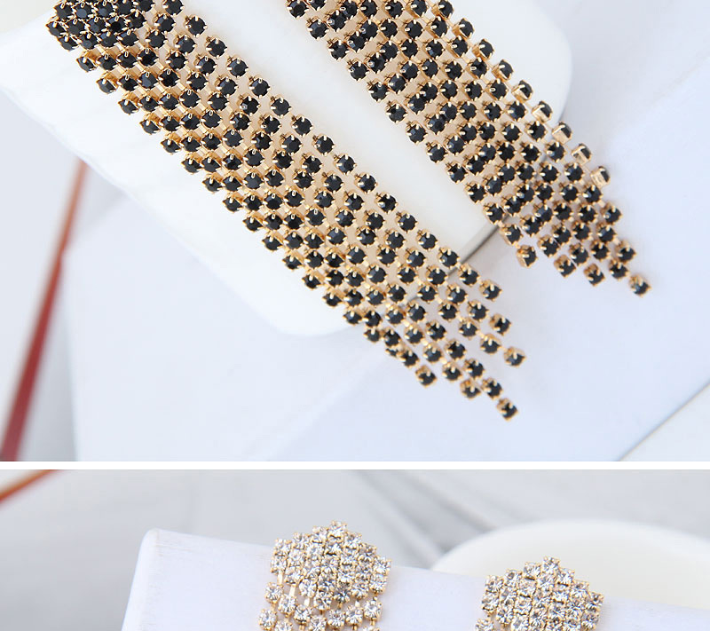 Fashion Black Full Diamond Design Long Tassel Earrings,Drop Earrings
