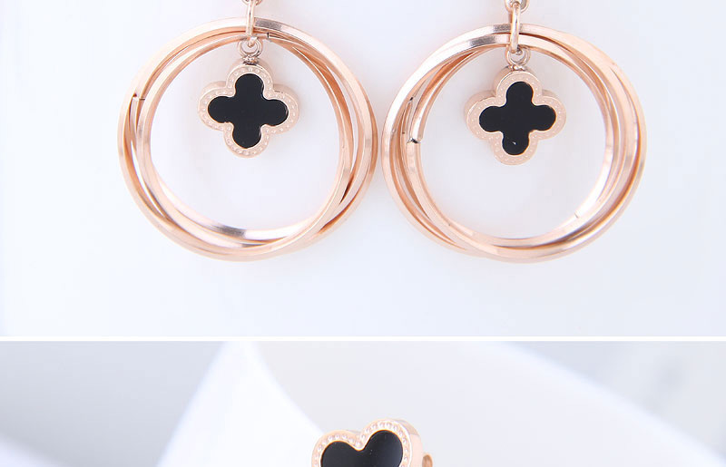 Elegant Rose Gold+black Flower Decorated Circular Ring Earrings,Earrings