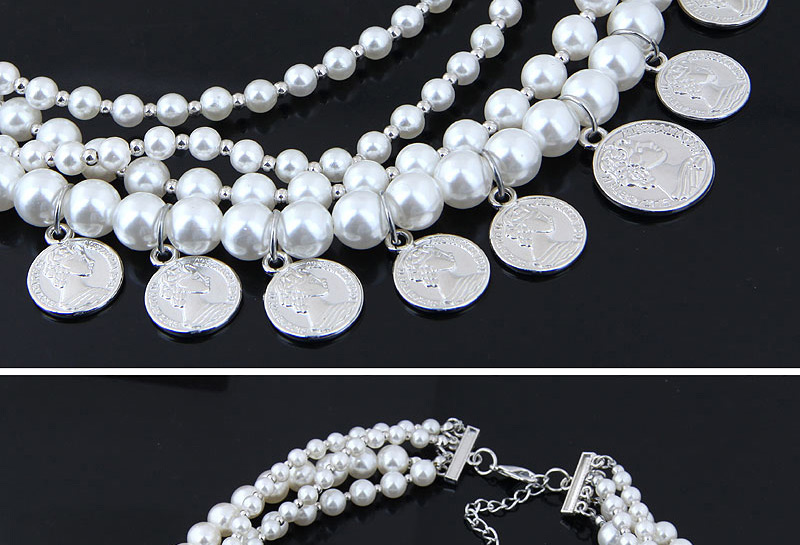 Fashion White+silver Color Multi-layer Design Full Pearl Necklace,Beaded Necklaces