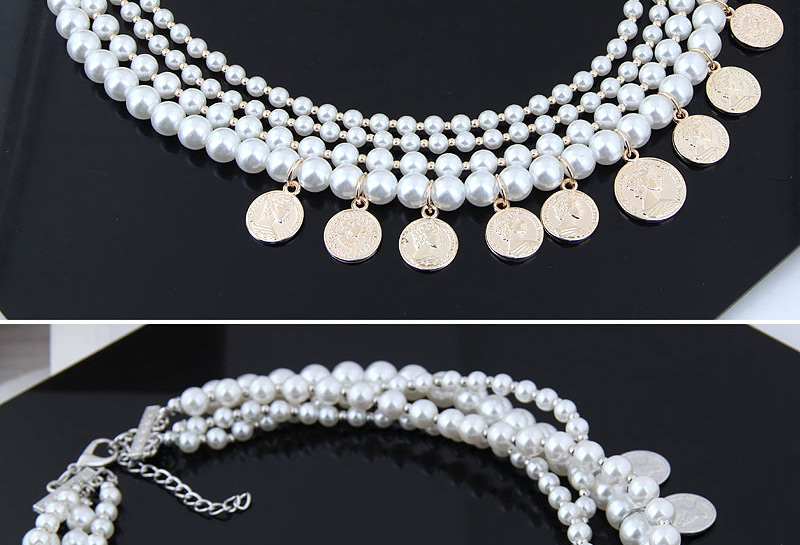 Fashion White+gold Color Multi-layer Design Full Pearl Necklace,Beaded Necklaces