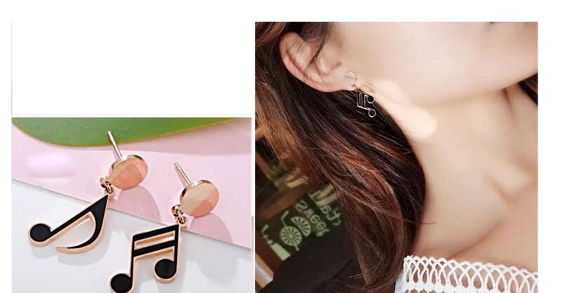 Fashion Black+rose Gold Note Shape Design Earrings,Earrings