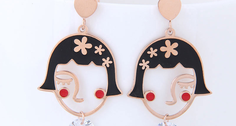 Fashion Rose Gold+black Portrait Shape Decorated Earrings,Earrings