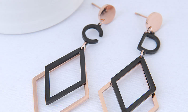 Fashion Rose Gold+black Rhombus Shape Decorated Earrings,Earrings