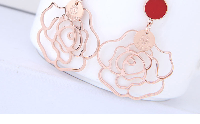 Fashion Black+rose Gold Flower Shape Decorated Earrings,Earrings