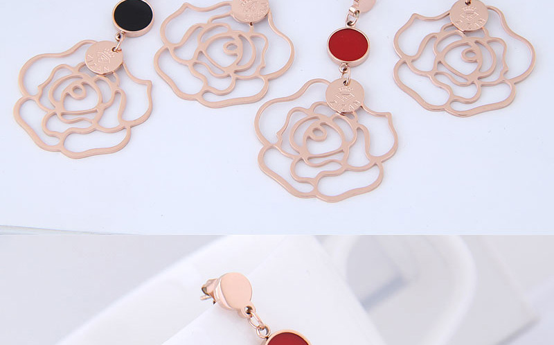 Fashion Black+rose Gold Flower Shape Decorated Earrings,Earrings