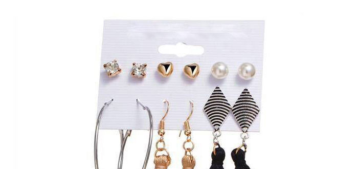 Fashion Gold Color+black Tassel Decorated Earrings (12 Pcs ),Drop Earrings