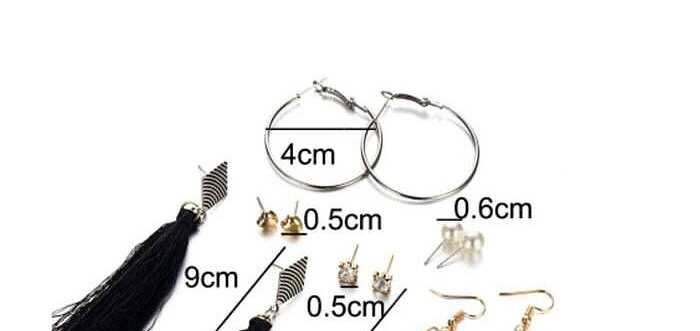 Fashion Gold Color+black Tassel Decorated Earrings (12 Pcs ),Drop Earrings