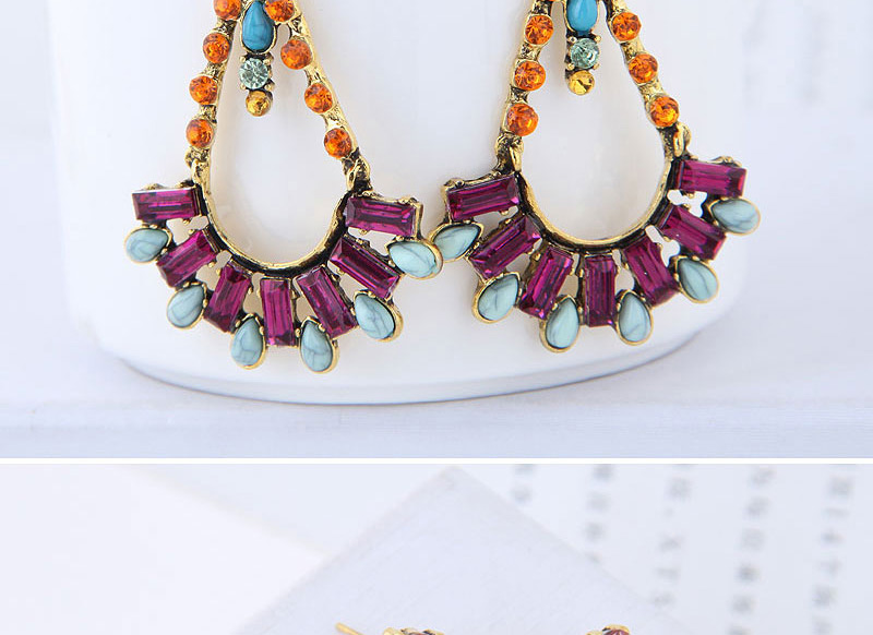 Elegant Yellow+purple Full Diamond Design Sector Shape Earrings,Drop Earrings