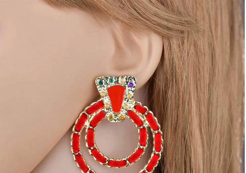 Elegant Red Double Circular Rings Shape Earrings,Drop Earrings