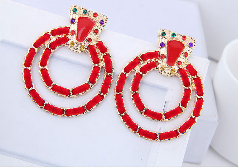 Elegant Red Double Circular Rings Shape Earrings,Drop Earrings