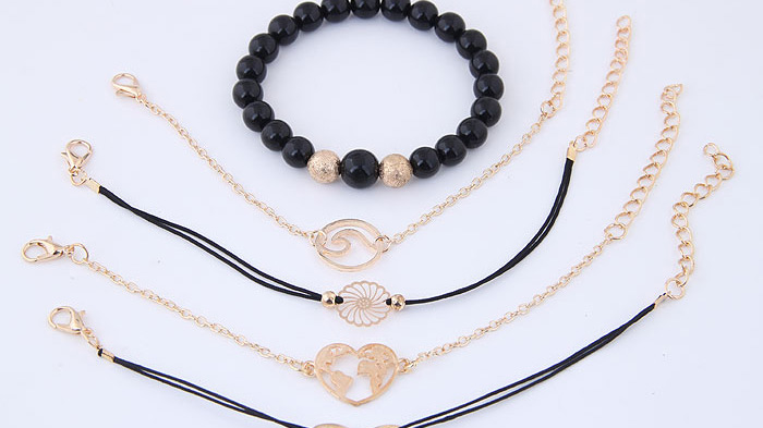 Elegant Black Flower&beads Decorated Bracelet(5pcs),Fashion Bracelets