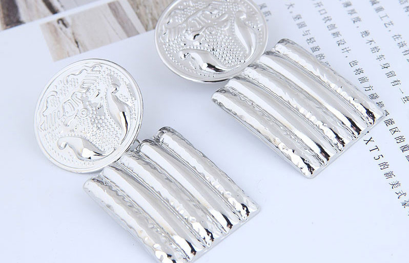 Fashion Silver Metal Flower Carving Badge Square Earrings,Drop Earrings
