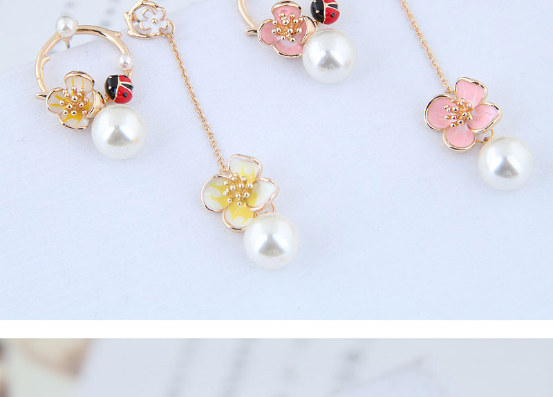 Fashion Pink Ladybug Flower Pearl A Couple Of Asymmetrical Earrings,Drop Earrings