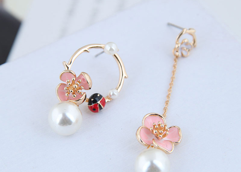Fashion Pink Ladybug Flower Pearl A Couple Of Asymmetrical Earrings,Drop Earrings