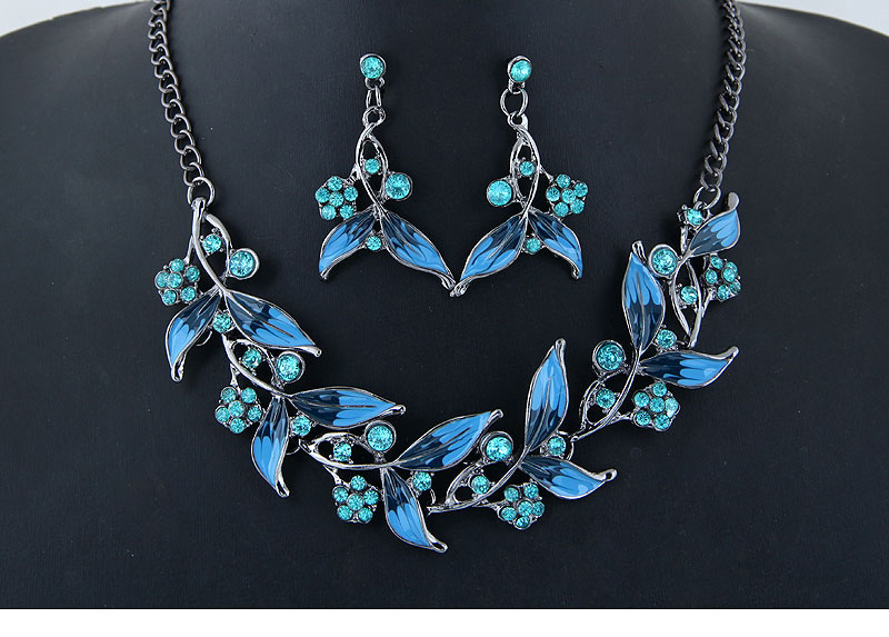 Fashion Blue Metal Leaf And Diamond Necklace Earrings Set,Jewelry Sets