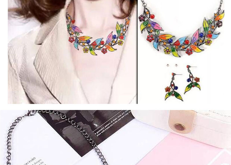 Fashion Color Metal Leaf And Diamond Necklace Earrings Set,Jewelry Sets