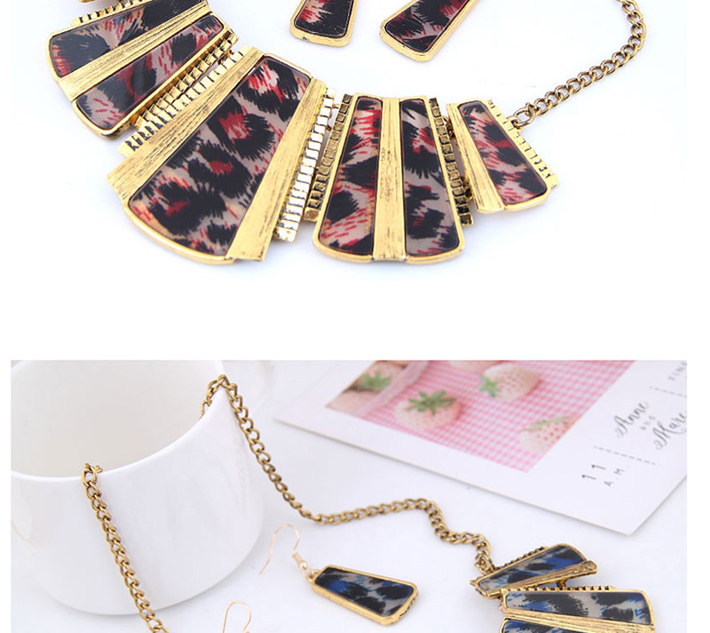 Fashion Blue Metal Leopard Geometric Necklace Earring Set,Jewelry Sets