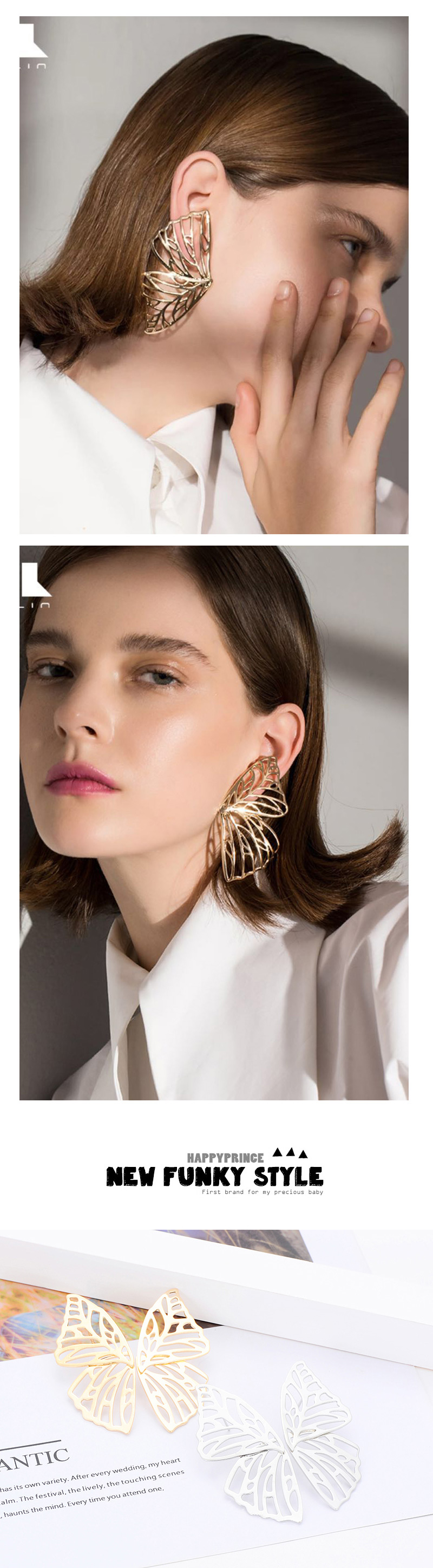 Fashion Gold Color Hollow Out Deisgn Butterfly Shape Earrings,Stud Earrings