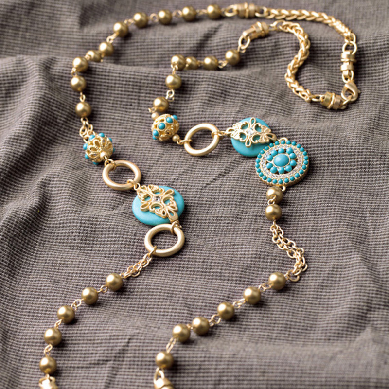 Fashion Gold Color+blue Round Shape Decorated Necklace,Beaded Necklaces