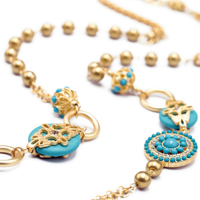 Fashion Gold Color+blue Round Shape Decorated Necklace,Beaded Necklaces