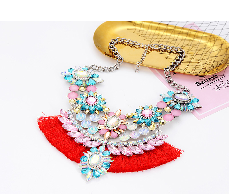 Fashion Pink Flower Shape Decorated Tassel Necklace,Thin Scaves