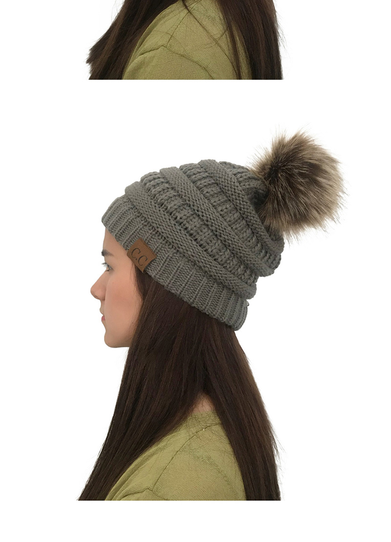 Fashion Dakr Gray Label&fuzzy Ball Decorated Knitted Hat,Knitting Wool Hats