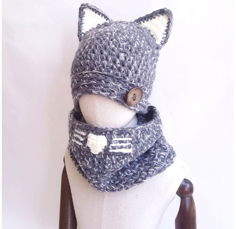 Lovely Gray Cat Ears Shape Design Child Knitted Hat(2pcs),Knitting Wool Hats