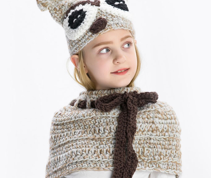Lovely Khaki Owl Shape Design Pure Color Child Hat(2pcs),Knitting Wool Hats