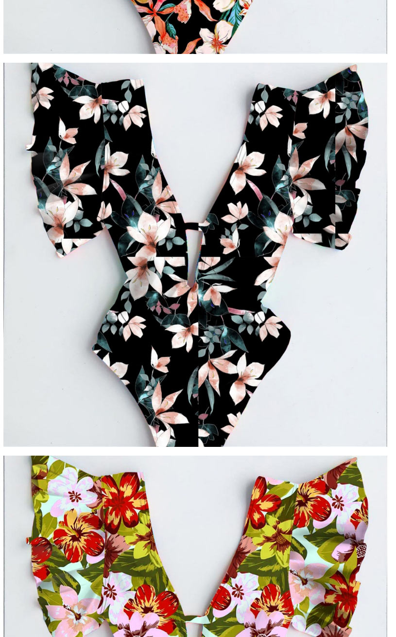 Fashion Orange Red Floral Deep V Backless Ruffled Floral One-piece Swimsuit,One Pieces