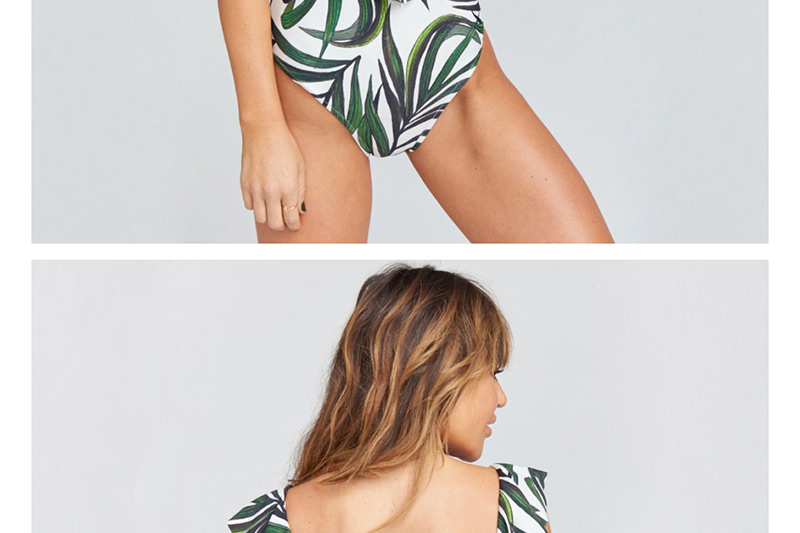 Fashion Green Leaf On White (with 2xl) Printed Floral Deep V Open Back One-piece Swimsuit,One Pieces