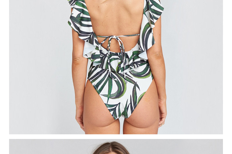 Fashion Blue-violet Leaves On White (with 2xl) Printed Floral Deep V Open Back One-piece Swimsuit,One Pieces