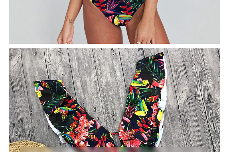 Fashion Green Flamingo Floral Deep V Open Back One-piece Swimsuit,One Pieces