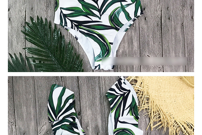 Fashion Green Leaf On White (with 2xl) Printed Floral Deep V Open Back One-piece Swimsuit,One Pieces