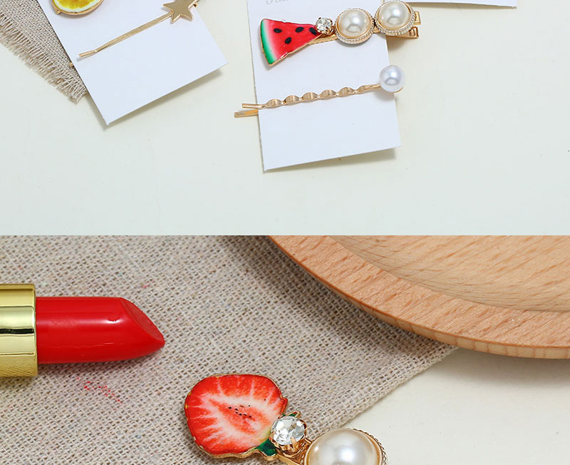 Fashion Red Alloy Diamond: Pearl Watermelon: Hair Clip: Two-piece,Hairpins