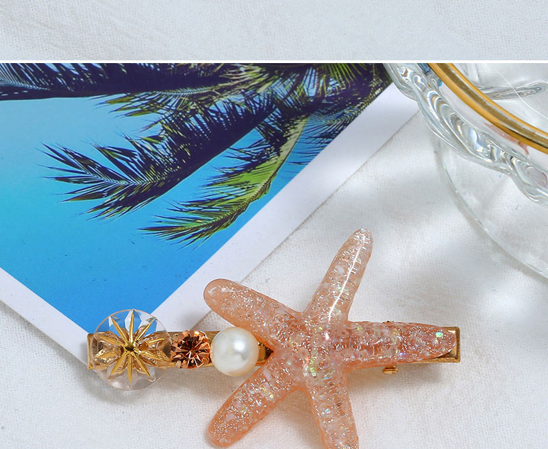 Fashion Pink Alloy Diamond-studded Pearl Starfish Hairpin,Hairpins