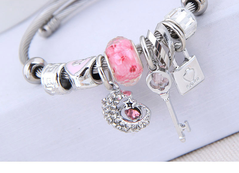 Fashion Pink Metal Flash Diamond Star Key Lock Bracelet,Fashion Bangles