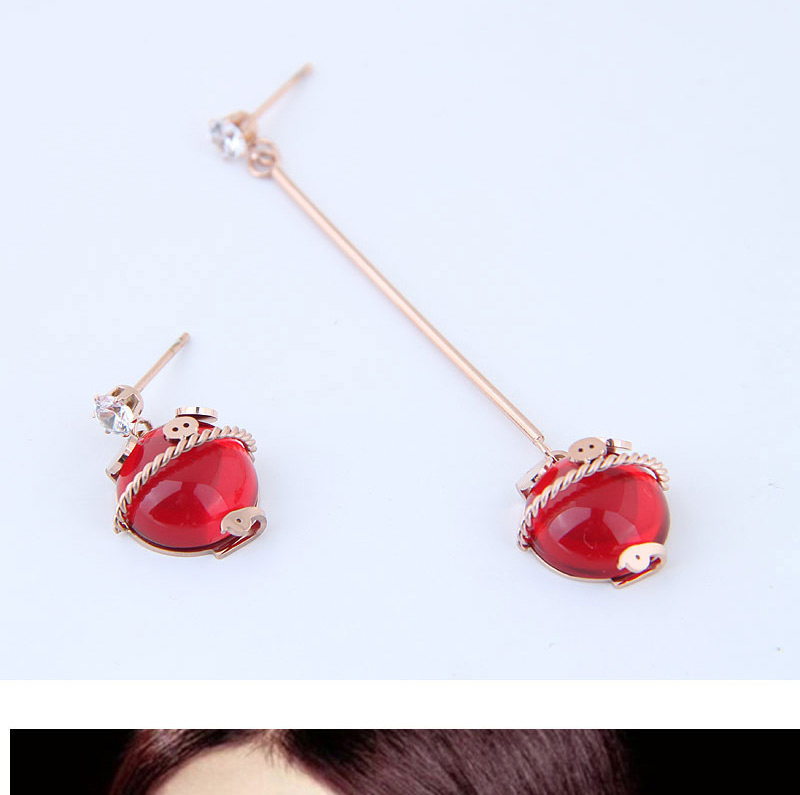 Fashion Red Titanium Steel Lucky Pig Asymmetric Stud Earrings,Earrings