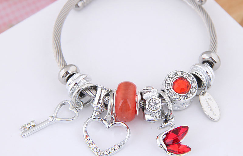 Fashion Red Metal Key Love Swan Pendant Multi-element Bracelet,Fashion Bangles