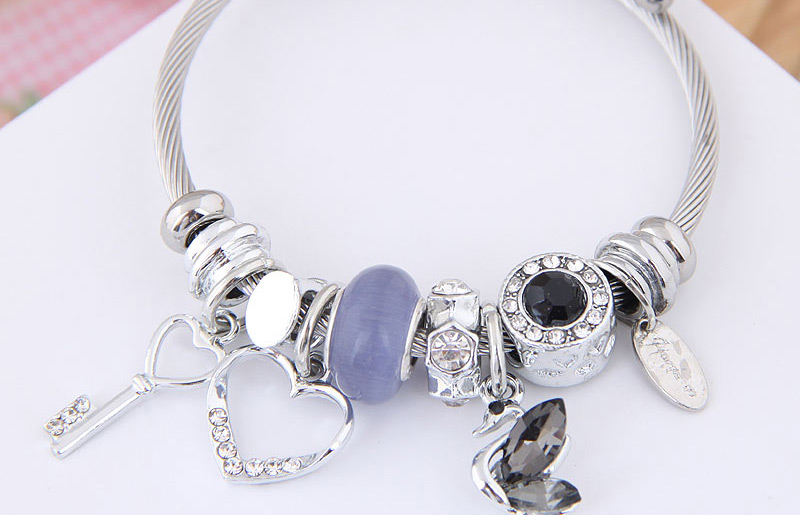 Fashion Gray-blue Metal Key Love Swan Pendant Multi-element Bracelet,Fashion Bangles