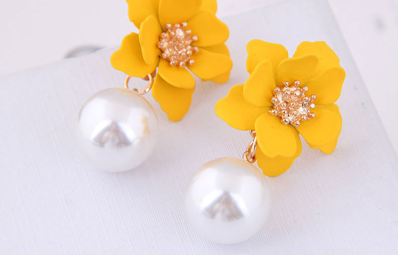 Fashion Yellow  Silver Needle Flower Pearl Stud Earrings,Drop Earrings