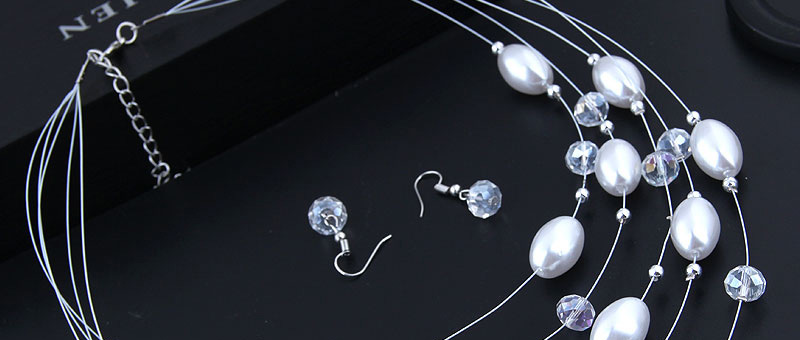 Fashion Silver Pearl Crystal Multilayer Necklace Earrings (set),Jewelry Sets