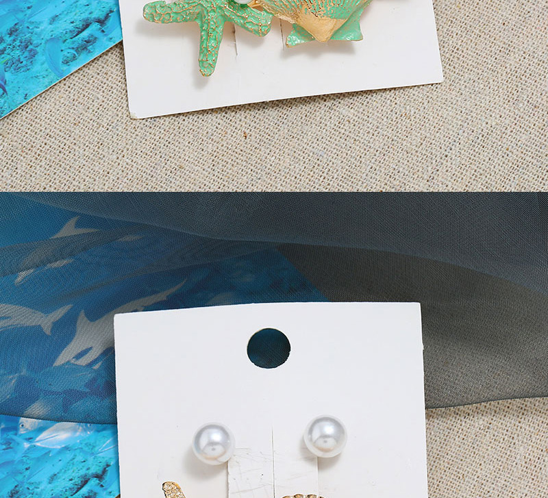  Green Metal Pearl Stud Earrings Starfish Hairpin Set,Hairpins