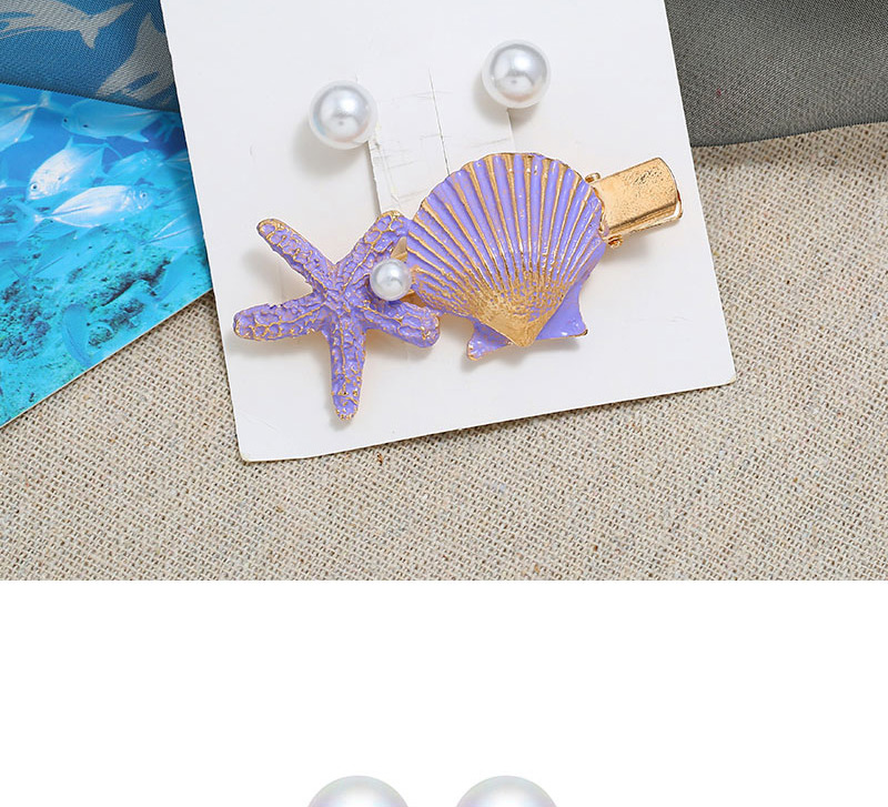  Purple Metal Pearl Stud Earrings Starfish Hairpin Set,Hairpins