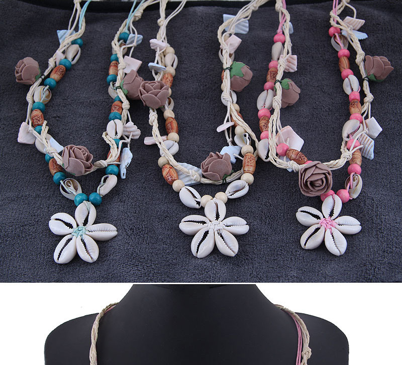 Fashion Blue Conch Shell Flower Necklace,Multi Strand Necklaces