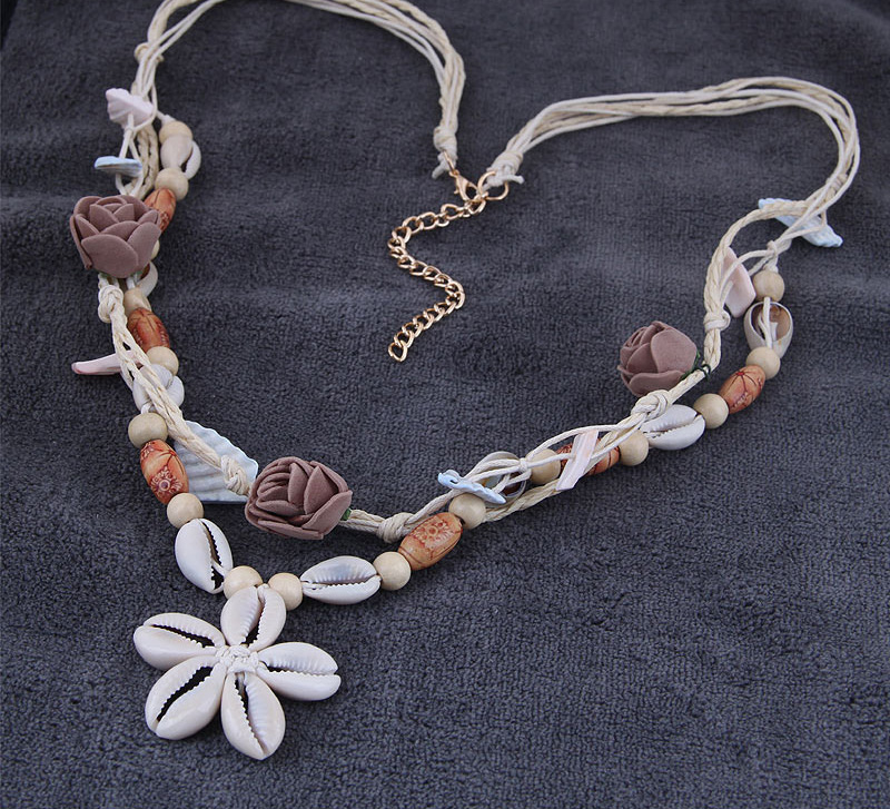 Fashion Pink Conch Shell Flower Necklace,Multi Strand Necklaces