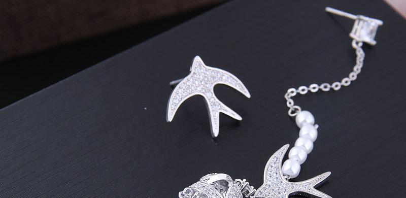 Fashion Silver Copper Micro-inlaid Zircon Swallow Tassel Asymmetrical Earrings,Earrings