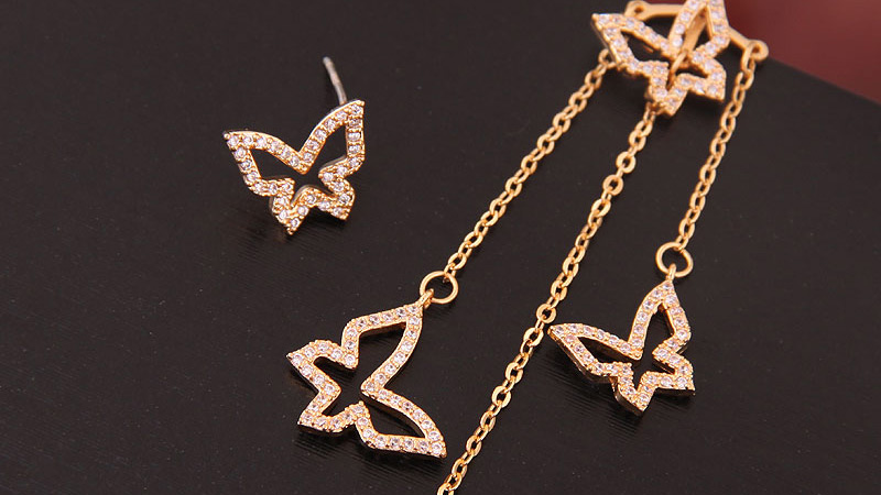 Fashion Gold Copper Micro-inlaid Zircon Butterfly Dance Asymmetric Earrings,Earrings