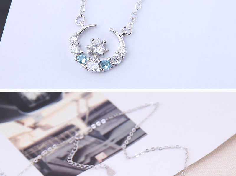 Fashion Silver Copper Plated Gold Blue Crescent Moon Necklace,Necklaces