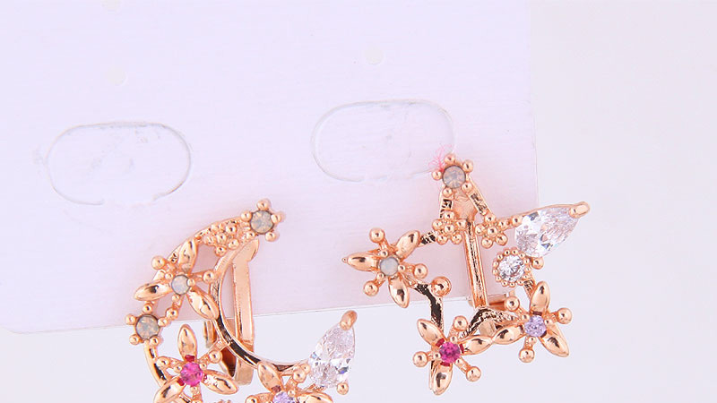 Fashion Gold Copper Micro-inlaid Zircon Star And Moon Asymmetrical Earrings,Earrings